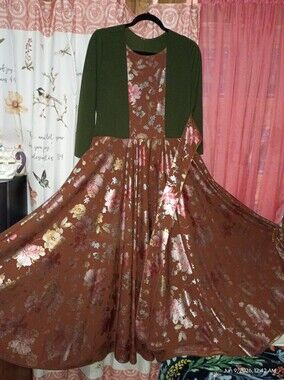 Brown Floral Maxi Dress with Olive Bodice